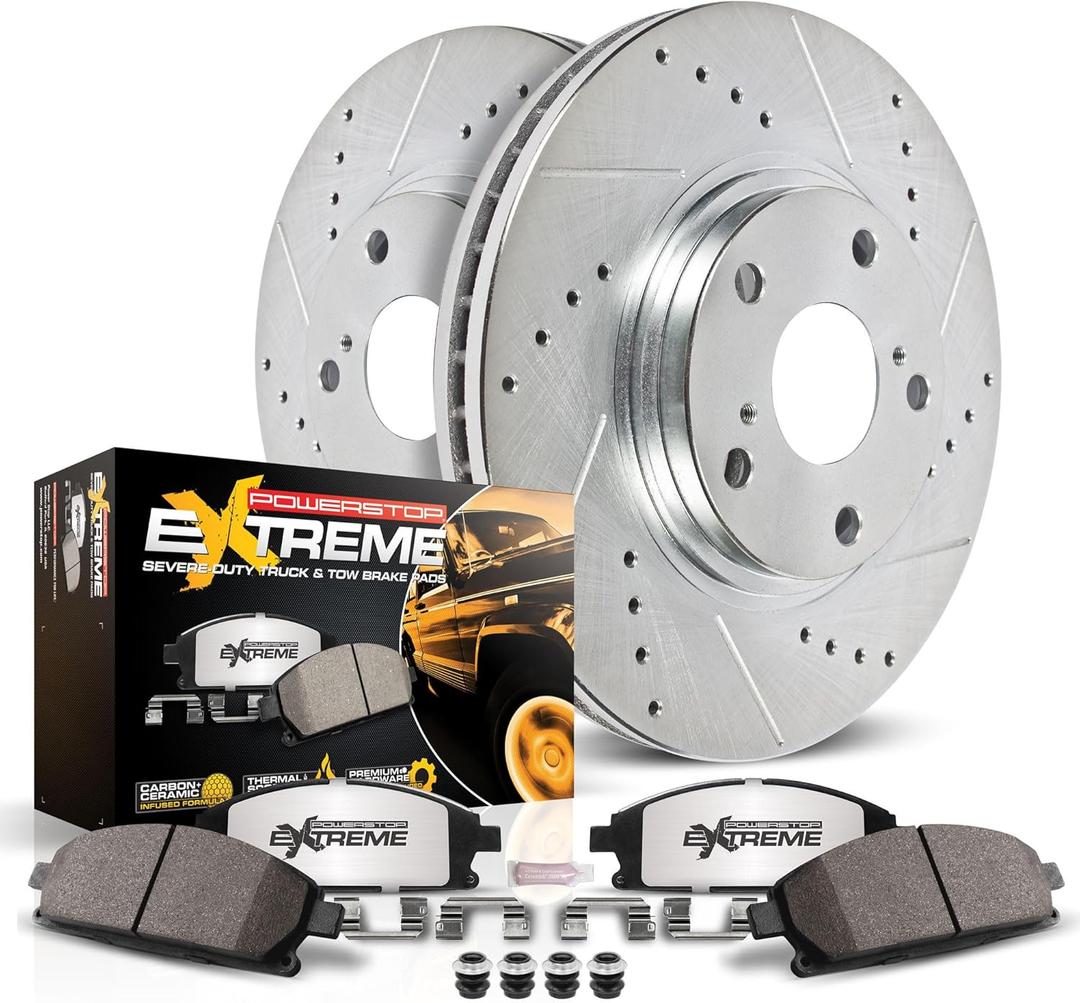 PowerStop Front Brake Kit For Toyota Tacoma 1995-04 - Truck & Tow Carbon Fiber Ceramic Brake Pads + Drilled & Slotted Rotors Upgrade, K1232-36