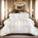 Silk Like Satin Comforter Set with Sheet Set King 8 Pcs White Satin Bedding Set Silky Ruffle Pattern Home Decor Luxury Hotel Silky Bed in a Bag with 1 Cushion Cover