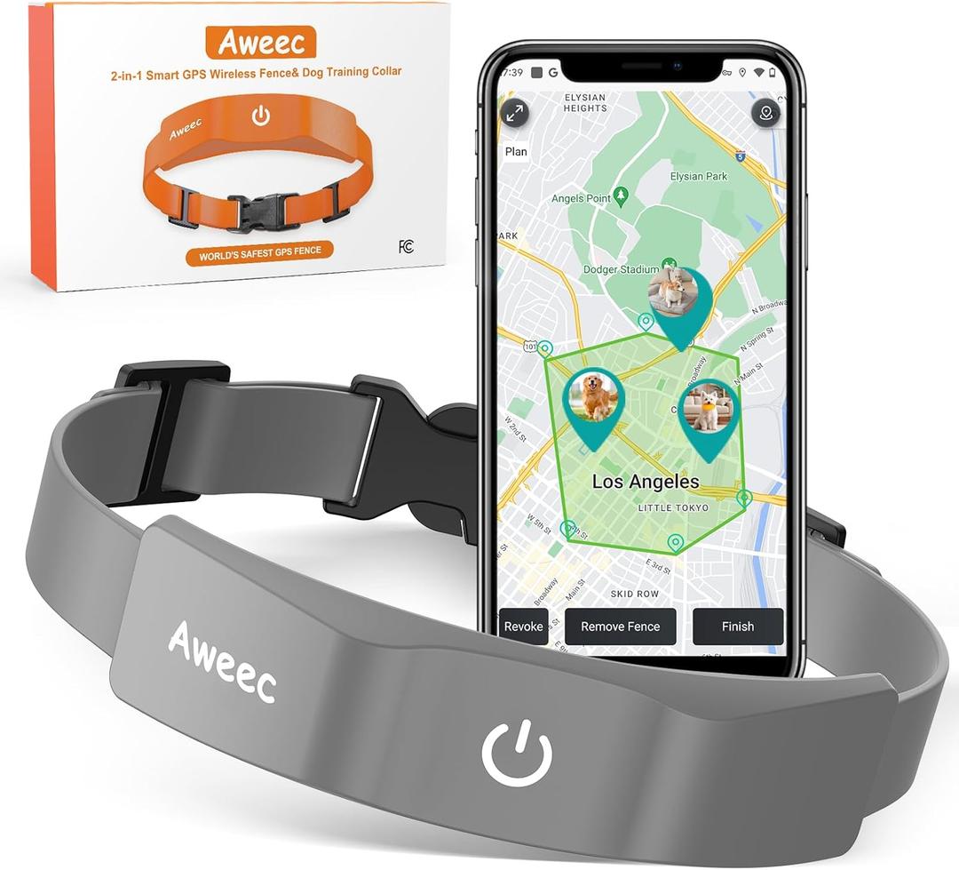 GPS Wireless Dog Fence with Free App, Electric Fence System with Training Collar, Portable Fence for Outdoor Use, Rechargeable Waterproof Flexiable Collar, Adjustable for Large Medium Dogs (Grey)
