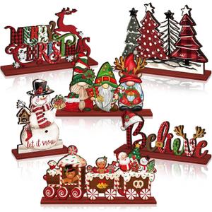 Realspring 6 Pcs Christmas Table Decorations Wood Centerpieces Decor Merry Christmas Gingerbread Gnome Xmas Tree Tabletop Standing Signs