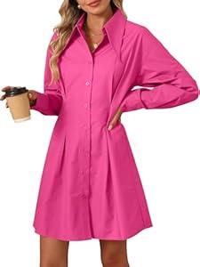 OUKODS Womens Button Down Shirt Dresses Cotton Button Up Tunics Long Sleeve Solid High Low Blouse Waist Up Dress, Rose, Medium