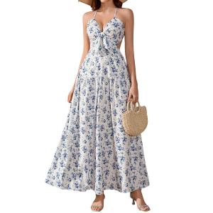VKIHOC Women's Floral Bow Tie Cut Out A Line Beach Boho Summer Maxi Dress (S)