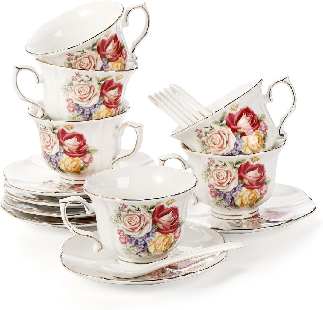 Tea Cups and Saucers Set of 6, 8 OZ Floral Ceramic Coffee Cup Set with Spoon, Vintage Rose British Teacups with Gold Trim, Cappuccino Mug for Latte Espresso for Tea Party, Cafe