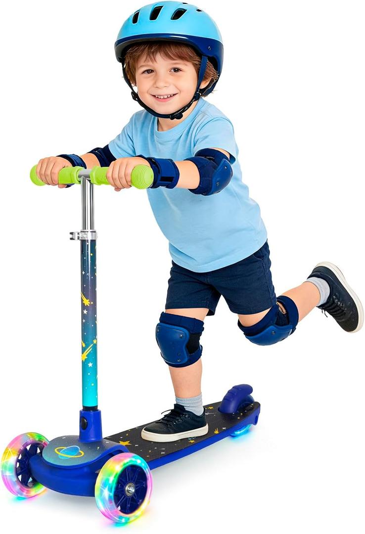 Nattork 3-Wheel Toddler Kick Scooter for Kids Girls Boys Adjustable Height Scooter with Light-Up Wheels, Anti-Slip Deck, Lean-to-Steer Design for Ages 2-8, Astronaut Explorer