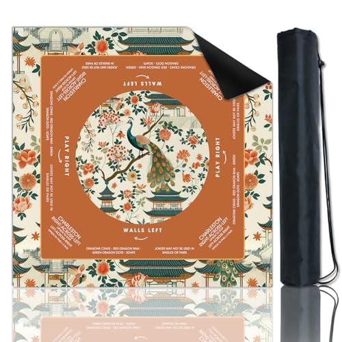 Orange Chinoiserie Peacock Mahjong Mat 32.4×32.4 Inch,Waterproof Anti-Slip Foldable Design,Mahjong Rules Table Mat for Poker,Cards,Board Games & Tile Games,and Carrying Bag