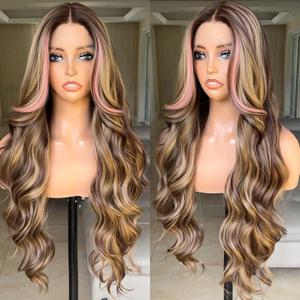 FABLLE Pink Highlight Wig Lace Front Wigs 30 Inch Glue less Wig Body Wave for Women Pre Plucked with Baby Hair Highlight Color Forehead Brown Highlight Synthetic Wig