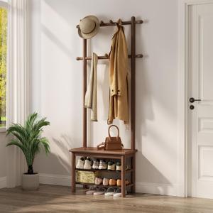 Coat Rack with Shoe Storage, Narrow Wooden Hall Tree with Bench, 11 Hooks and 2-Tier Storage Shelves, 3-in-1, Entryway Bench with Coat Rack