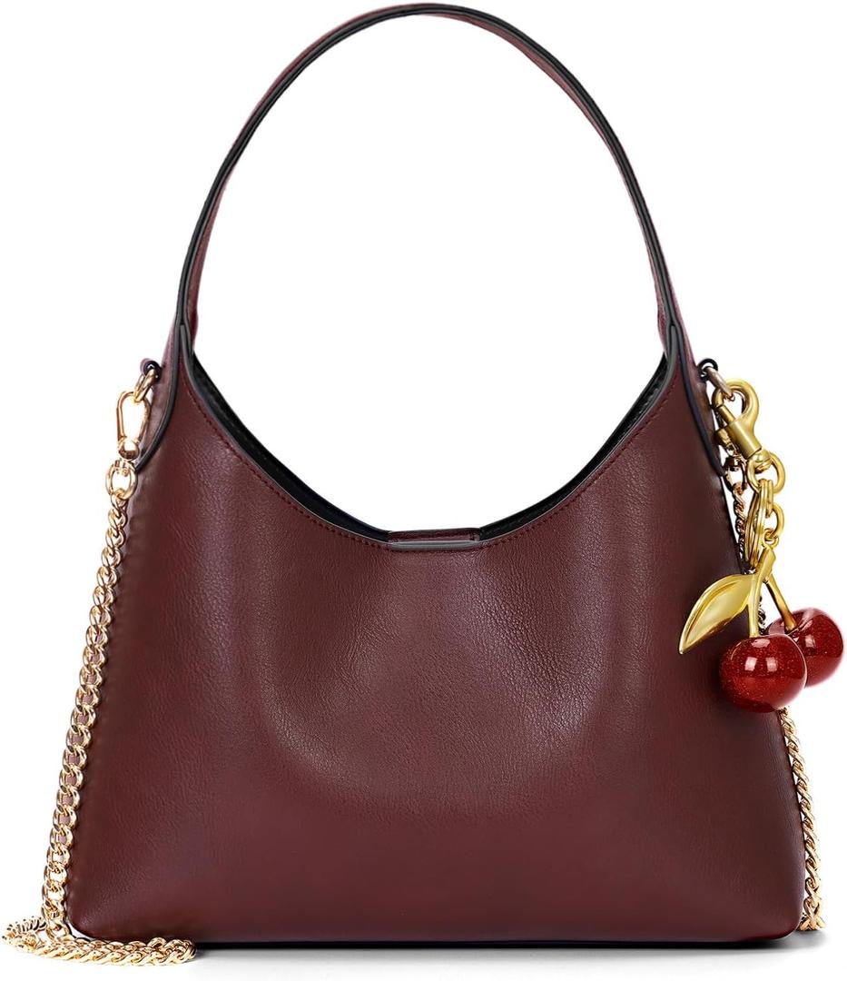Small Hobo Bags for Women Cherry Shoulder Bag Purse Faux Leather Tote Handbag Trendy Chain Crossbody Bag (Wine Red)