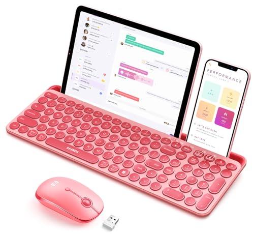 seenda Bluetooth Keyboard and Mouse for iPad, CTU-301 Multi-Device Bluetooth + 2.4G Wireless Keyboard Mouse with Tablet Holder for MacBook/Windows Computer, iOS/Andriod Tablet Phone, Coral Pink