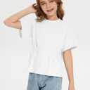 ZDC Girls Pleated Short Sleeve T Shirts Summer Crewneck Tops Casual Cute Basic Tees 5-14 Years White