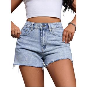 Women's Vintage Raw Hem Jean Shorts Y2k High Waited Straight Leg Denim Shorts Streetwear (Blue, S)