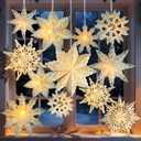 12 Pcs Christmas Paper Snowflake Lanterns, 3D Christmas Paper Star Lanterns with LED Lights, 10/12 Inch White Hanging Snowflake Lamps for Xmas Winter Frozen Weddings New Year Party Decorations
