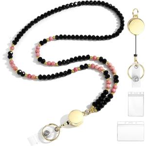 2 x Lanyards for ID Badges for Women Cute,Teacher Lanyard for Women Retractable Natural Crystal Beaded Lanyards for Keys (Rhodonite)