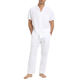 RPOVIG Linen Shirt Pants Outfits:Men's Linen Sets 2 Piece Short Sleeve Shirts Yoga Pants Beach Wedding Suits (Large, White)