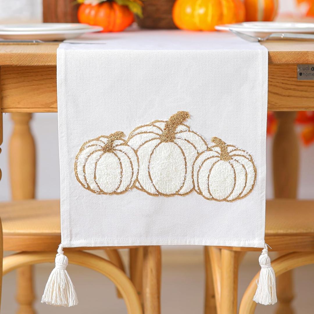 Breling Thanksgiving Fall Pumpkin Table Runner Thanksgiving Pumpkin Rectangle Table Runner Fall Autumn Harvest Decoration for Kitchen Dining Home Dinner Party 13x72 Inch(White)