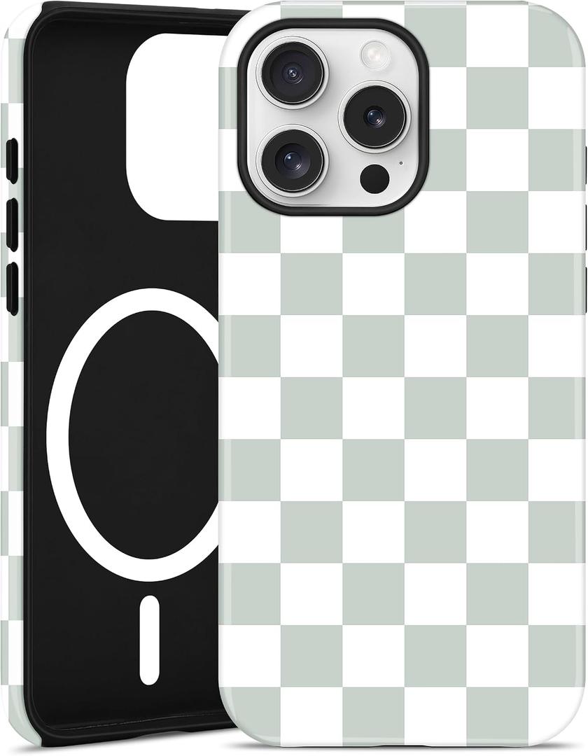 Jusy Compatible with MagSafe Checkerboard Phone Case for iPhone 15 Plus, Cute Aesthetic Checkered Magnetic Soft TPU and Hard PC Protective Phone Cover for Women GirlsMatte - Green & White