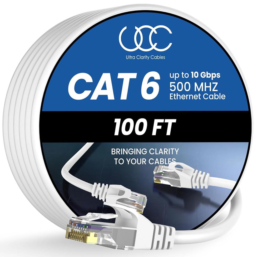 Cat 6 Ethernet Cable 100 ft, 10Gbps High Speed Ethernet Cable, Internet Cable Outdoor&Indoor, Rj45 Cat6 Cable Long Ethernet Cable for Computer, Router, Modem, PS4/5, Xbox, Gaming - White
