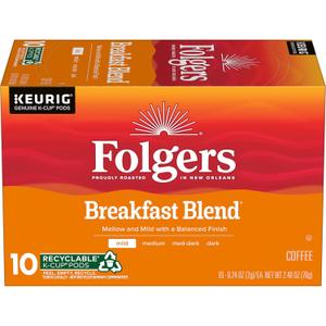 Folgers Breakfast Blend Coffee, Mild Roast, Keurig K-Cup Pods, 10 Count Box (EXP 11/21/26)