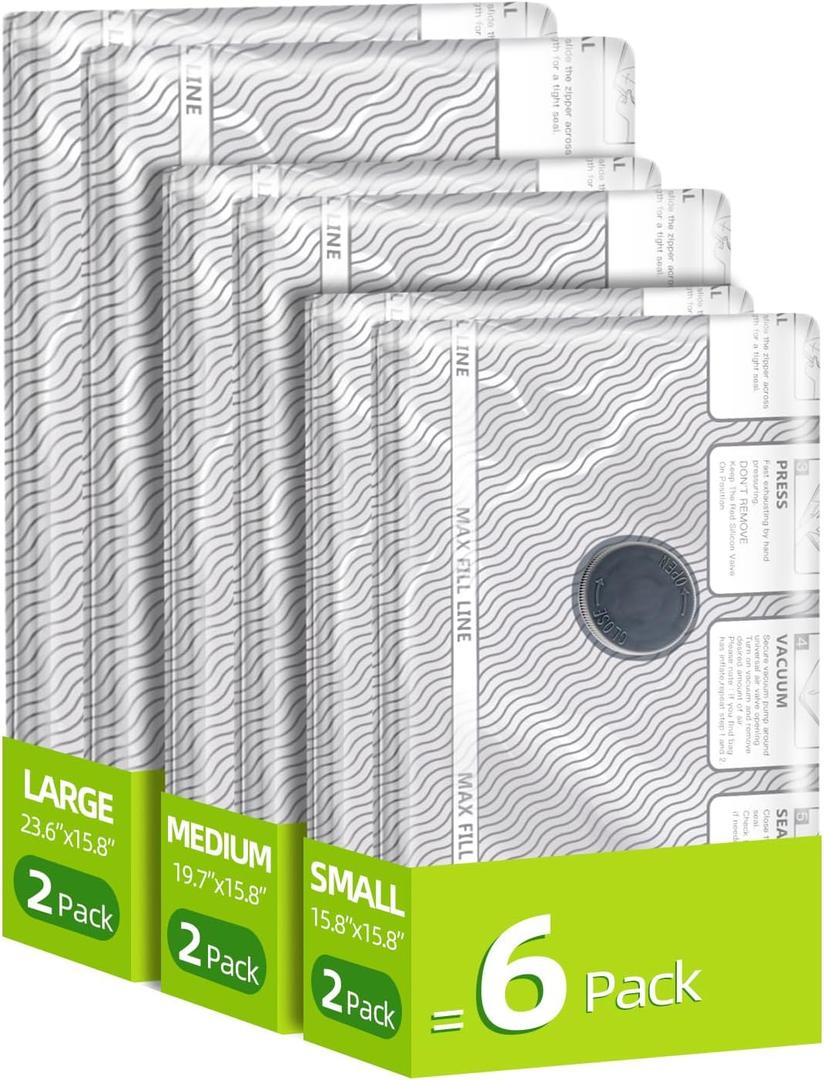 Travel Vacuum Storage Bags, 6 Pack Carry-On Size for Luggage and Suitcase, Vacuum Storage Bags, Vacuum for Bags Storage, Space Saver for Clothes & Clothing - 80% Space Saver(No pump)