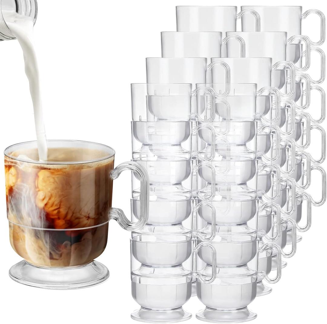 100 Pieces 8 oz Hard Plastic Coffee Cup Bulk Tea Mug with Handle Disposable Mugs Plastic Coffee Mugs for Wedding Party, Baby Shower, Graduation, Birthday, Cafe, Restaurant(Transparent)