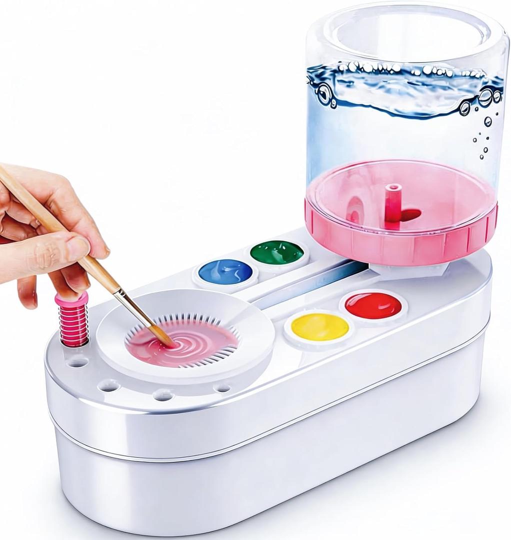 2026 Upgraded Paint Brush Cleaner Tool, Painting Station with Brush Washer for Kids, Acrylic Watercolor Paint Water Dispenser, Art Supplies Paintbrush Rinser for Artists (Pink)