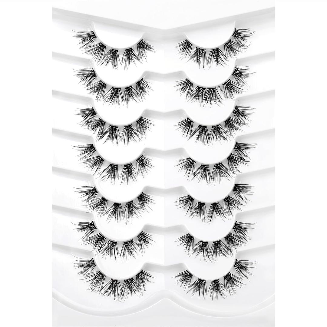 2 x Hand-Knotted Natural Strip Lashes Clusters Wispy Short False Eyelashes Lightweight Soft Crossed 3D Cat Eye Look Faux Human Hair Lash 7 Pairs Pack