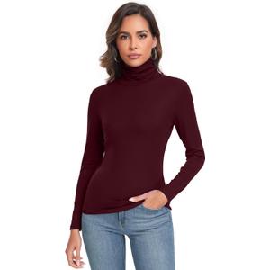 Women's Long Sleeve Casual Lightweight Turtleneck Top Slim Fit Thermal Active Layer Shirts (Burgundy) Small