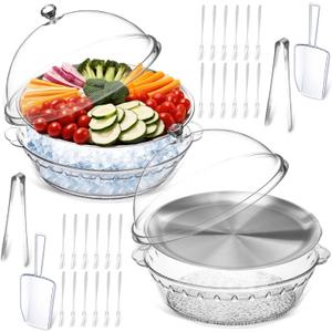 Baderke 11.8" Chilled Serving Tray for Parties with Compartments and lid Ice Chilled Party Platter Charcuterie Serving Board Cold Dish Dip for Fruit Seafood Vegetable Shrimp Cocktail(Silver,2 Pcs)