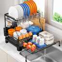 TOOLF Extendable Dish Drying Rack, 2-Tier Dish Rack for Kitchen Counter, Large Expandable Dish Drainer Over Sink, 3 in 1 Multifunction Dish Strainer with Drainboard & Cups Holder, Black