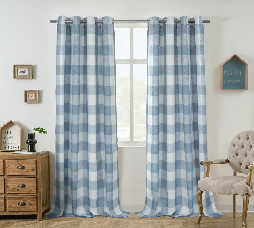 DriftAway Buffalo Plaid Blackout Curtains Linen Textured Farmhouse Double Layer Thermal Insulated Yarn Dyed Woven Checkered Gingham Grommet Drapes for Living Room 2 Panels Each 52W x 84L Dusty Blue
