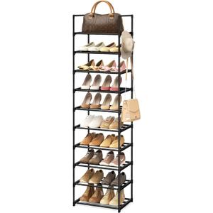 Narrow Shoe Rack 10 Tiers Tall Shoe Rack for Entryway 20 24 Pairs Shoe & Boots Organizer Storage Shelf Durable Black Metal Stackable Shoe Cabinet with Hooks, 17.1D x 11.8W x 78.7H in (Abaa1609)