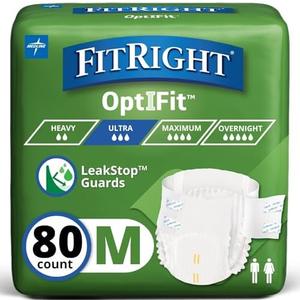 FitRight Adult Diapers, Ultra Heavy Absorbency, M (Waist Size 32in-44in), 80 Count, OptiFit Incontinence Briefs for Men and Women, Disposable, Moisture-Wicking, Leak Protection,, 4 pack