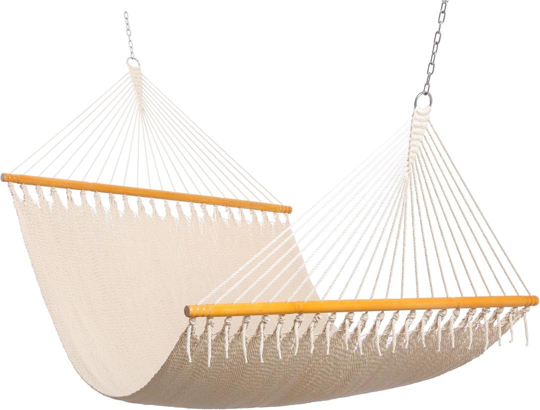 SANIWERKE Double Caribbean Hammock 79" x 55" Woven Bed, 12 FT Long with Solid Spreader Bars, Hand Tightly Woven Rope Net, All Weather Outdoor Hammock for 2 Persons, 450 LBS Capacity, Warm Oatmeal