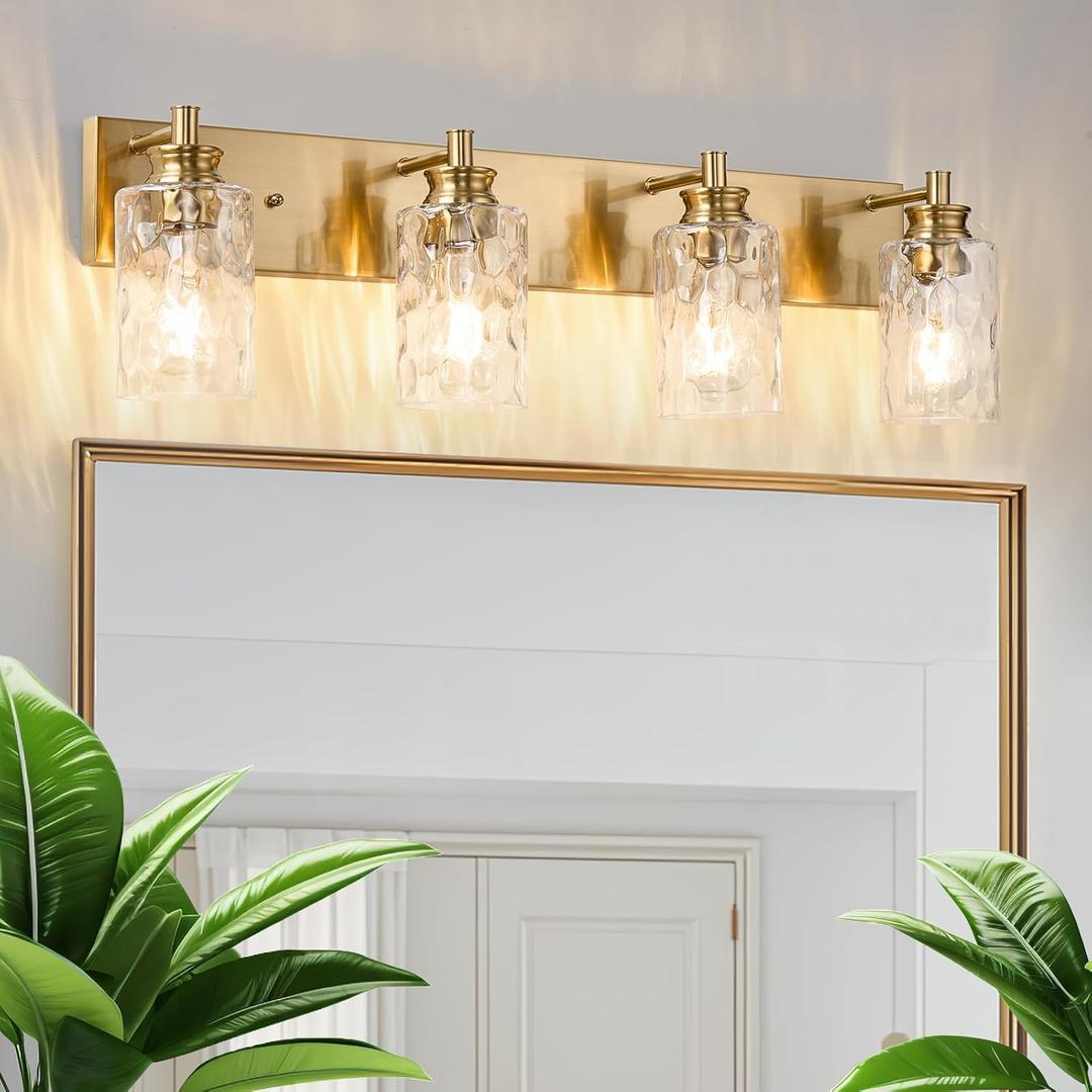 4 Light Bathroom Vanity Light Modern Brushed Gold Bathroom Light Fixtures Over Mirror with Hammered Glass Lampshade for Kitchen Hallway