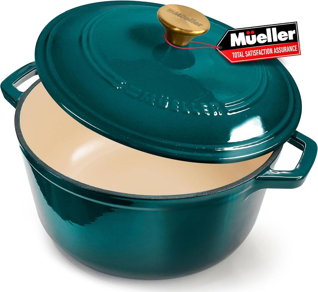 Mueller DuraCast 6 Quart Enameled Cast Iron Dutch Oven Pot with Lid, Heavy-Duty, Oven Safe up to 500 F & Across All Cooktops, Wedding Registry Ideas & Gifts, Emerald