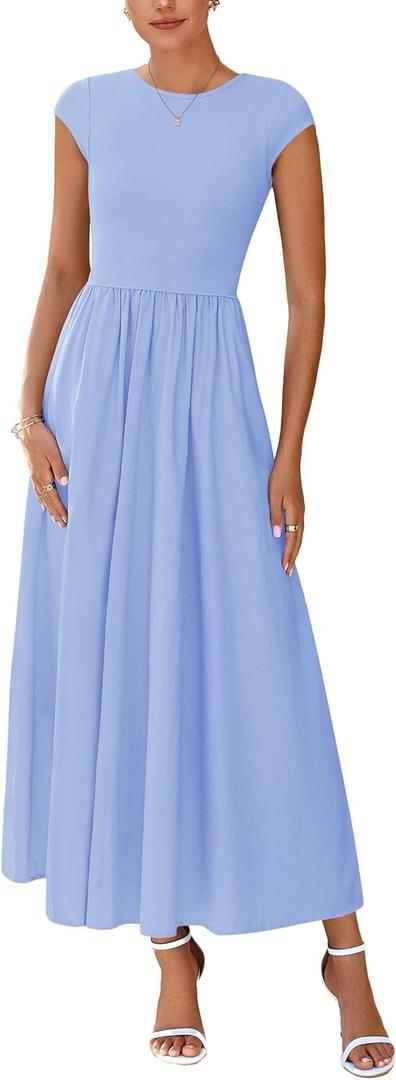 PRETTYGARDEN Women's 2025 Summer Casual Long Dresses Cap Sleeve Patchwork A Line Flowy Modest Elegant Homecoming Maxi Dress (Blue, XL)
