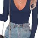 SAUNGKUAI Women's Plunge Deep V Neck Long Sleeve Bodysuit Double Lined Thong Body Suit Shirt Tops, Size Medium