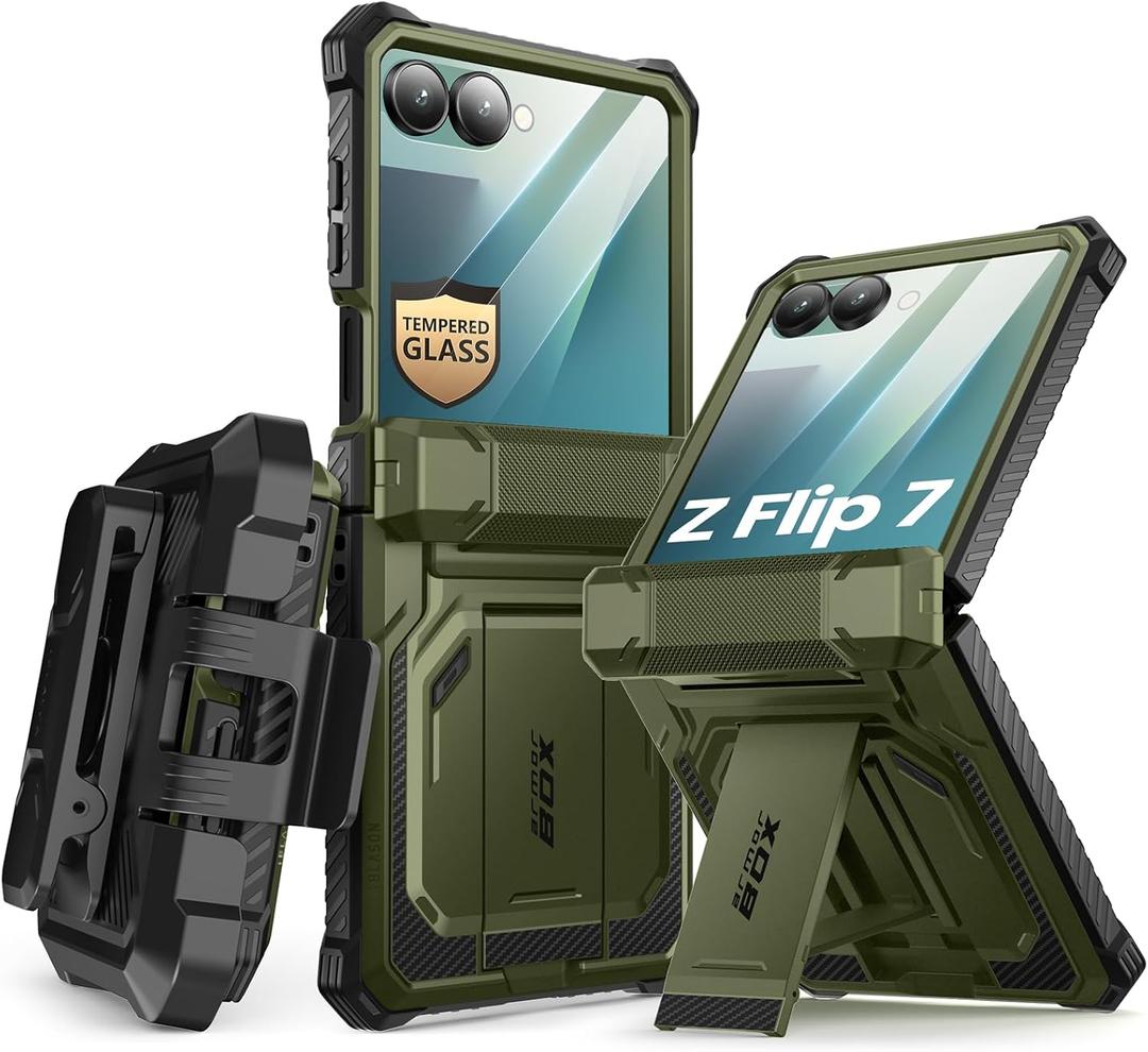 i-Blason for Samsung Galaxy Z Flip 7 Case with Stand, [Tempered Glass Screen Protector] [Hinge Protection] [Belt-Clip], Full-Body Military Protection Phone Case for Samsung Z Flip 7, Armorbox, Green (Guldan)