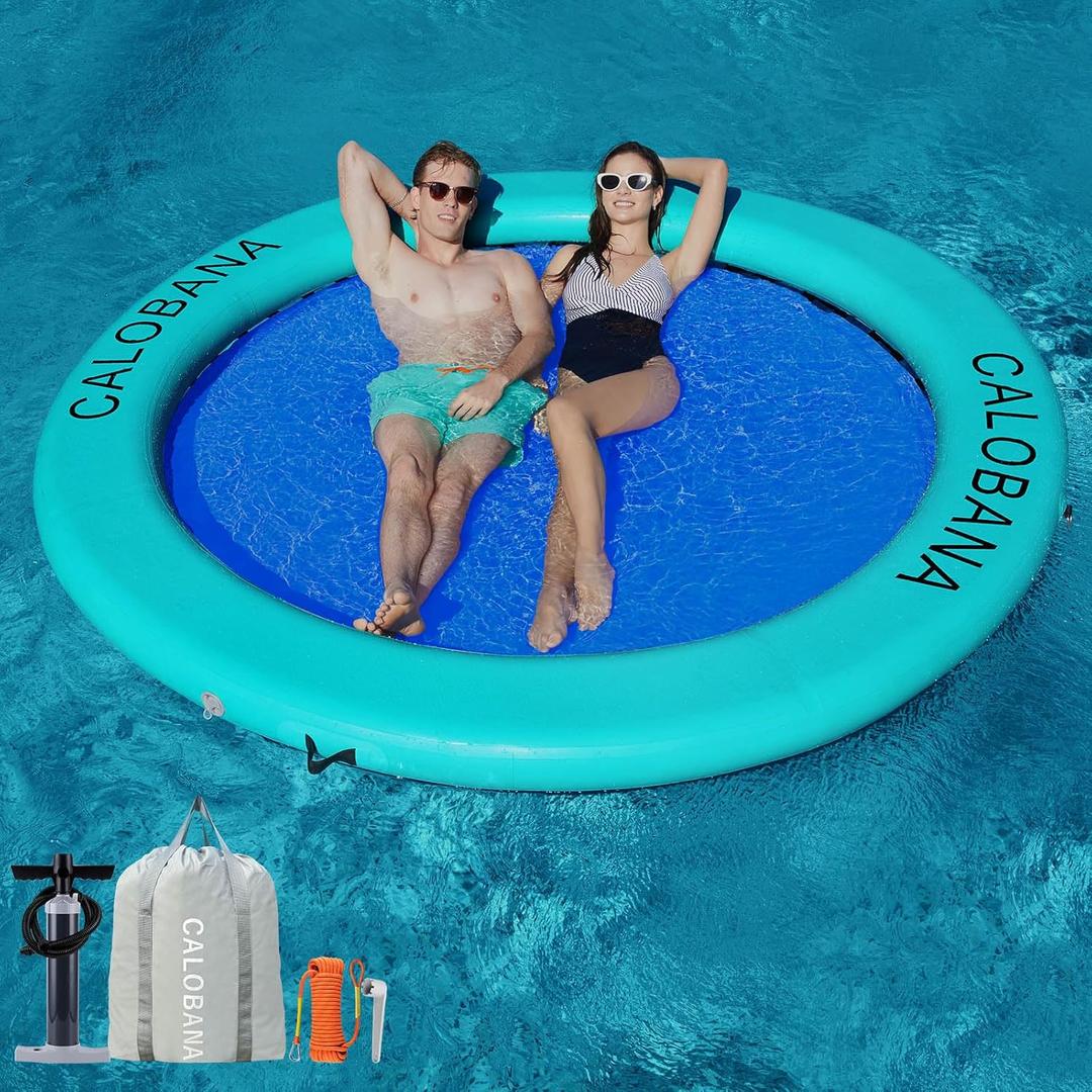CALOBANA 6ft Heavy Duty Inflatable Water Hammock, Round Floating Ring Float Island Platform River Floats Lake Raft Tanning Pool Lounger for Adults Party, Mint Green & Blue
