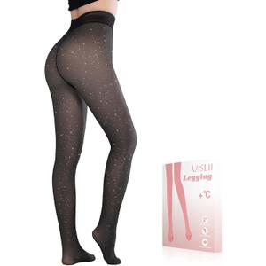 UISLII Fleece Lined Tights Women, Warm Pantyhose leggings, Fake Translucent Thermal Skin Colored Tights for Winter(Black Little Sparkle M-M)