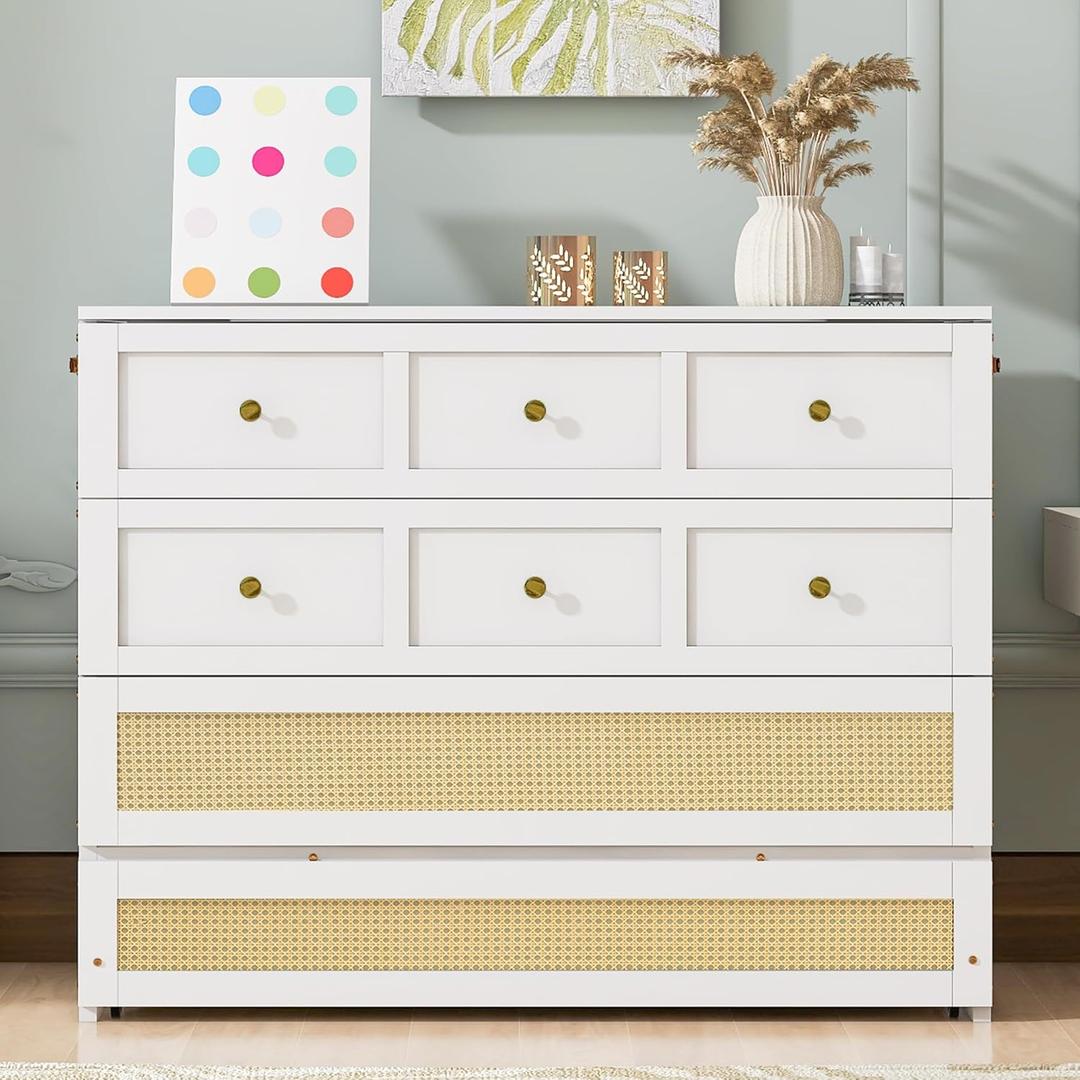 Merax Farmhouse Wood Murphy Bed Chest, Foldable Wall Platform Bed with Storage Drawer/Space Saving/Wood Slat Support/Full, White +Natural