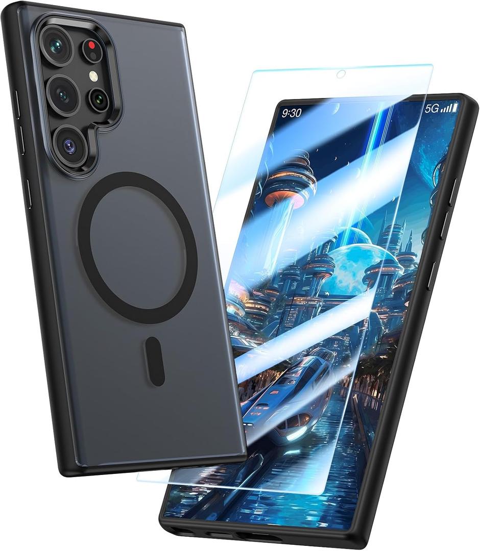 MILPROX Magnetic Case for Samsung Galaxy S24 Ultra, Free Screen Protector Compatible with MagSafe Metal Frame Lens & Button Translucent Matte Back Protective Phone Cover (Black)