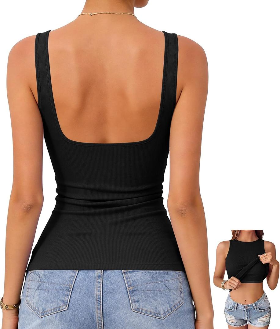 OwnTime Women's Tank Tops with Built-in Bra Open Back Ribbed Sleeveless Boat Neck Slim Fit Summer Top (Black, M)