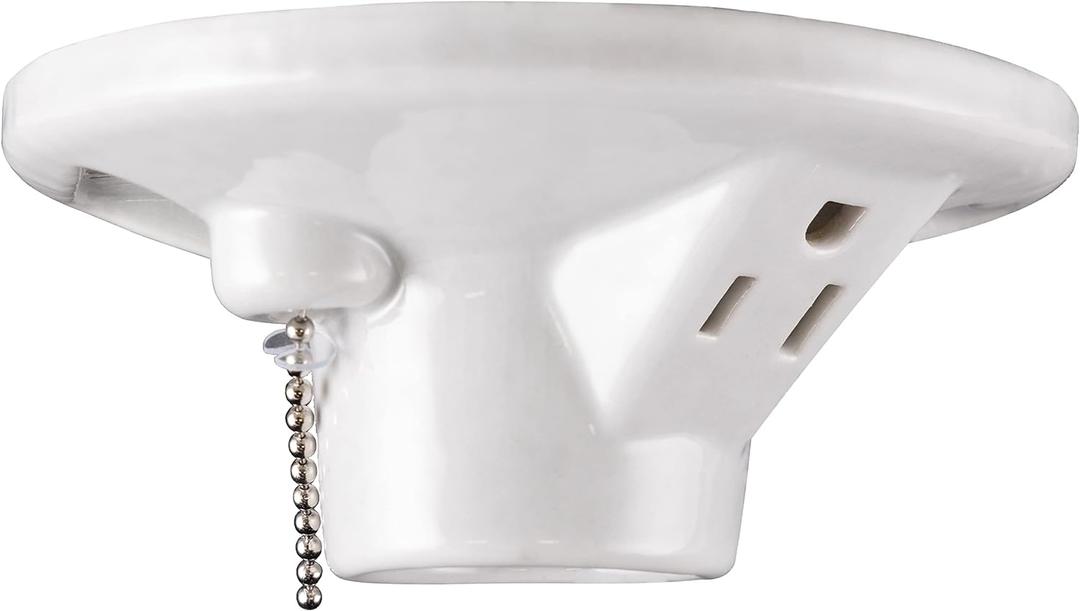 UltraPro Porcelain Light Socket with Outlet and Pull Chain Light Fixture, Light Bulb Socket, Medium Base, Grounded Plug, Indoor Lighting, Mount on 3-1/4 or 4 Box, UL Listed, White, 18305,1-Pack
