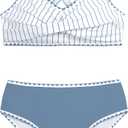 HOZIY Teen Girl Swimsuit Kids Blue Stripe Bikini Sets Two Piece Tween Whip Stitch Crisscross Tie Back Juniors Swimwear Bathing Suit Size 9-10