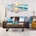 Goldfoilart 5 Pieces Beach Coastal Wall Art Sea Sunset Seascape Pictures Ocean Photography Canvas Large Horizontal Landscape Multi Framed Artwork for Bedroom Living Room Bathroom Wall Decor