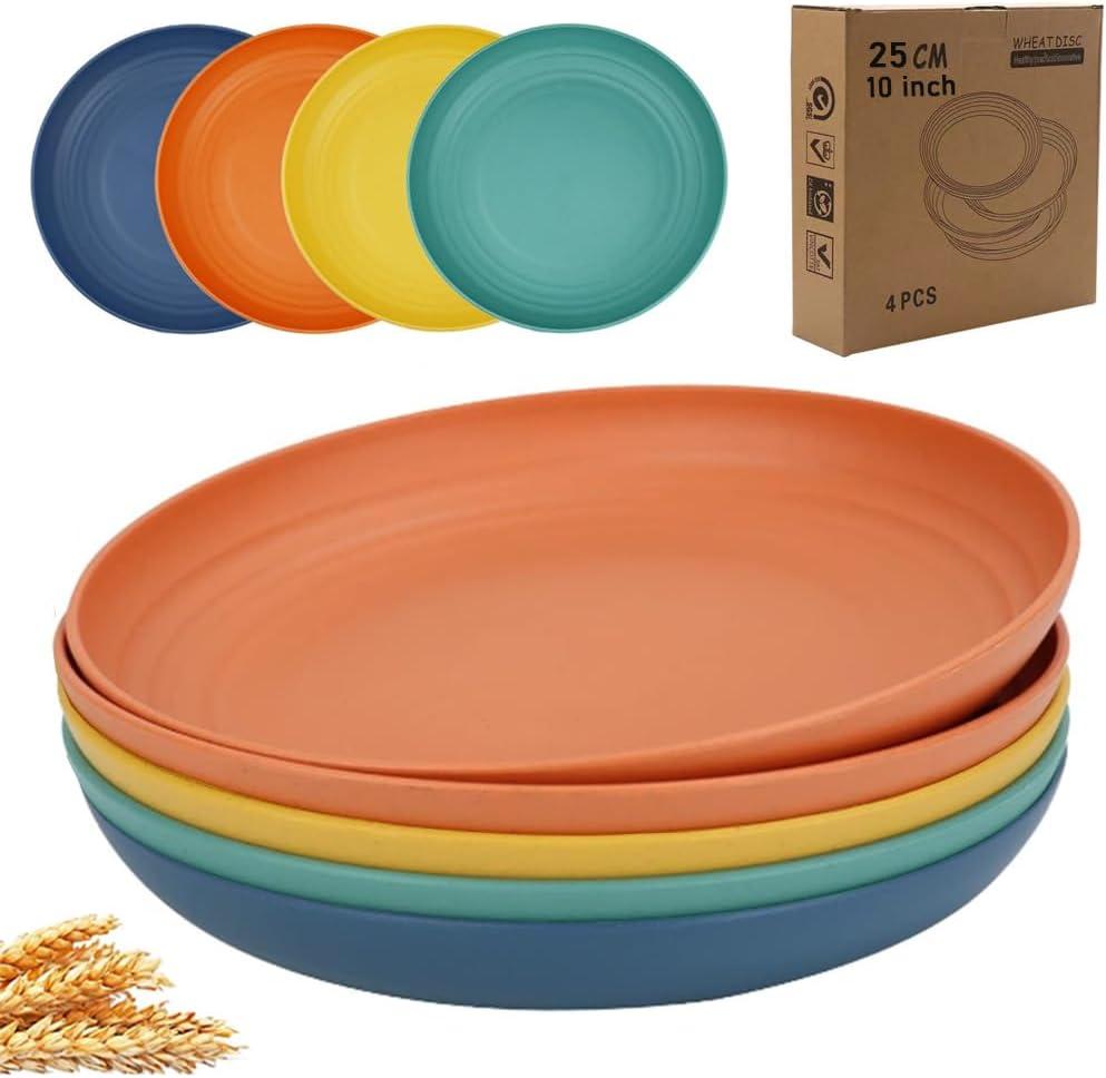 K Y KANGYUN 10 Inch Unbreakable Wheat Straw Dinner Plates, Set of 4 - Dishwasher Safe, Perfect for Camping and Dinner Dishes, BPA Free (Classic Bright)