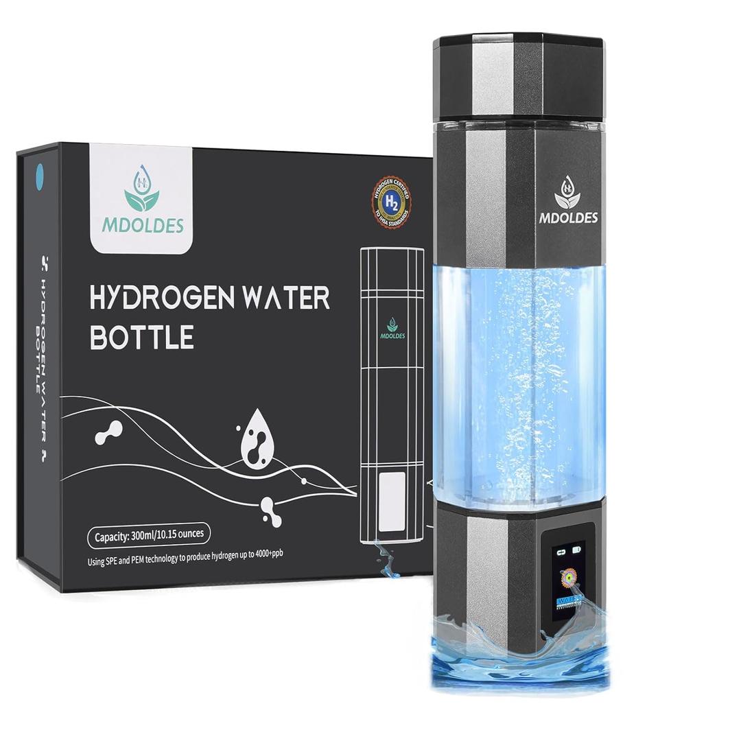Hydrogen Water Bottle -Mdoldes- Concentration up to 4.0+PPM-SPE and PEM Technology Hydrogen Water Bottle,Certified H2 Generator H2 Half-Life: 80 Minutes Blood Sugar lowering, 10.15 oz (Gun Grey)