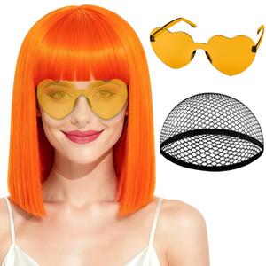 PLULON Orange Bob Wig with Bangs, Short Straight Bob Wig with Heart Sunglasses 12 Inch Shoulder Length Heat Resistant Synthetic Hair for Women Natural Look Daily Use Cosplay Halloween Costume Party