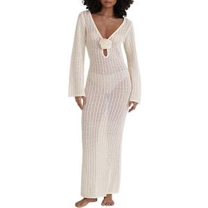 Leoparts Women's Knitted Swimsuit Cover Up 3D Floral Hollow Out Open Back Tie-Up Maxi Dress Beachwear Coverup Dresses (2416 Off White) S